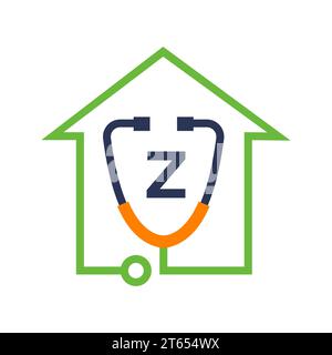 Logo medico Letter Z Healthcare. Concetto di logotipo medico e medico con segno stetoscopio Illustrazione Vettoriale