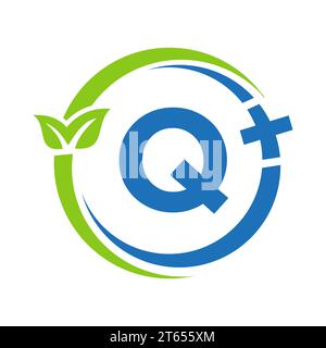 Logo Letter Q Healthcare. Logo medico sul segno Q dell'alfabeto. Medical Pharmacy Plus Symbol Design Illustrazione Vettoriale