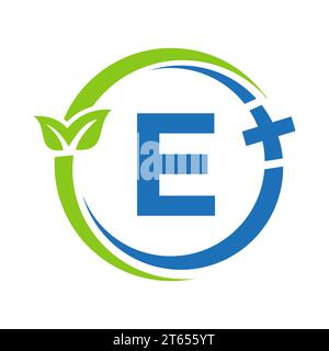 Logo Letter e Healthcare. Logo medico sul segno e dell'alfabeto. Medical Pharmacy Plus Symbol Design Illustrazione Vettoriale