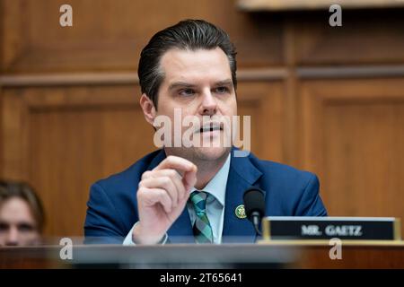 Washington, Stati Uniti. 8 novembre 2023. Il Rep. Matt Gaetz, R-FL, parla durante un'audizione del Comitato giudiziario della camera sulla libertà di parola nei campus universitari presso il Campidoglio degli Stati Uniti a Washington, DC mercoledì 8 novembre 2023. Foto di Bonnie Cash/UPI credito: UPI/Alamy Live News Foto Stock