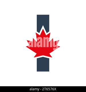 Logo Letter i Maple Leaf simbolo del Canada. Identità aziendale e aziendale con logo canadese minimale Illustrazione Vettoriale