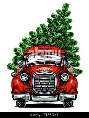 Albero di Natale in un camion rosso rétro. Buone feste, illustrazione vettoriale Illustrazione Vettoriale