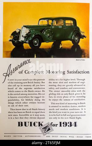 1934 Buick Body di Fisher ad. "Garanzia di completa soddisfazione dei veicoli" Foto Stock