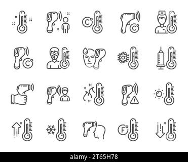 Icone della linea di temperatura. Termometro, controllo temperatura corporea, diagnostica febbre. Controllo del coronavirus. Vettore Illustrazione Vettoriale