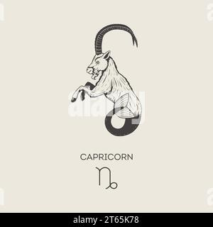 Simbolo zodiaco del Capricorno in stile incisione Illustrazione Vettoriale