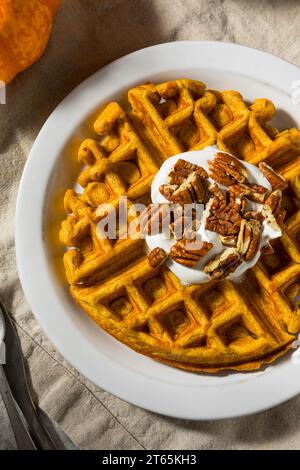 Colazione fatta in casa, waffle alla zucca con noci pecan e panna montata Foto Stock