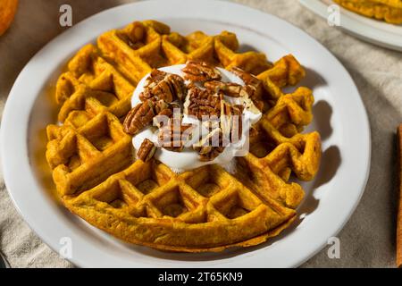 Colazione fatta in casa, waffle alla zucca con noci pecan e panna montata Foto Stock