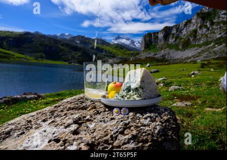 Versando in un bicchiere di sidro asturiano naturale a base di mele fermentate, il cabrales asturiano è un formaggio di mucca azzurra con vista sui laghi di Covadonga e sulle cime del Pico Foto Stock