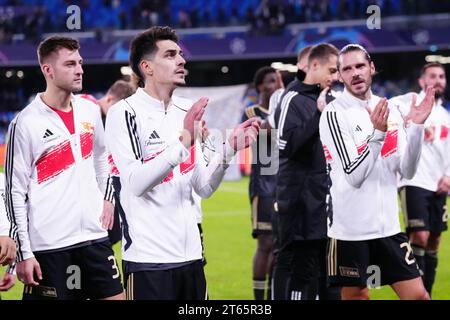 Napoli, Italia. 8 novembre 2023. Napoli, 8 novembre 2023: I giocatori di Union Berlin festeggiano al termine della partita di Champions League tra SSC Napoli e Union Berlin allo Stadio Diego Armando Maradona l'8 novembre 2023 a Napoli (foto Mosca/SPP) credito: SPP Sport Press Photo. /Alamy Live News Foto Stock