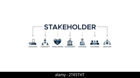 Banner di relazioni con gli stakeholder icona web concetto di illustrazione vettoriale per stakeholder, investitore, governo e creditori con icona di comunità. Illustrazione Vettoriale