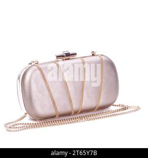 Elegante pochette da donna in pelle metallizzata, decorata con piccole catene in metallo dorato. Accessori femminili di lusso. Stile Red carpet. R Foto Stock