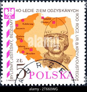 Francobollo cancellato stampato dalla Polonia, che mostra il duca Boleslaw III Wrymouth (1086-1138), circa 1985. Foto Stock