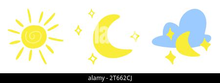 Illustrazione a fumetti di sole, luna, stelle e nuvole. Diverso concetto meteorologico. Illustrazione vettoriale Illustrazione Vettoriale