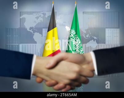 Due persone che stringono la mano davanti al Belgio e all'Arabia Saudita Foto Stock