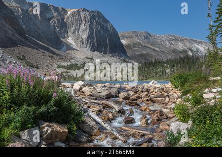 Boulder ha fiancheggiato la strada all'estremità sud del lago Marie nella zona della catena montuosa di Medicine Bow National Forest, Wyoming Foto Stock