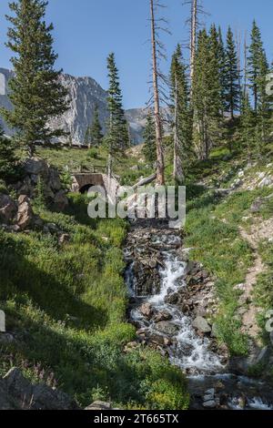 L'acqua scorre su un tratto di roccia all'estremità sud del lago Marie nell'area della catena montuosa di Medicine Bow National Forest, Wyoming Foto Stock