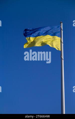 Bandiera dell'ucraina contro il close-up cielo blu. Orgoglio nazionale e simbolo del paese Ucraina. Guerra in Ucraina. Bandiera giallo-blu. Foto Stock