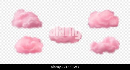 Set di nuvole di cotone rosa vettoriale 3D. Nuvole realistiche isolate su sfondo bianco traslucido Illustrazione Vettoriale
