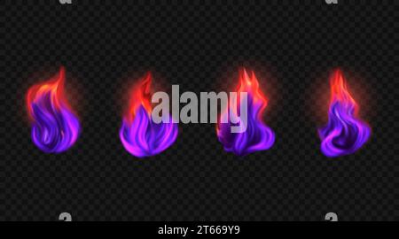 Set di fiamme viola brucianti. Illustrazione vettoriale. Fuoco arancio e lilla realistico isolato su sfondo trasparente Illustrazione Vettoriale