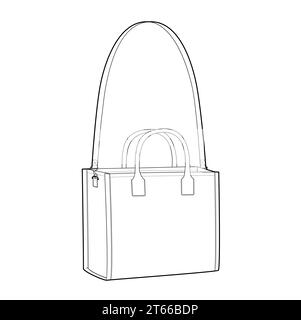 Borsa a tracolla con tracolla rimovibile. Illustrazione tecnica degli accessori moda. Borsa a mano vettoriale frontale 3-4 vista per uomo, donna, borsetta piatta disegno di modello CAD isolato Illustrazione Vettoriale