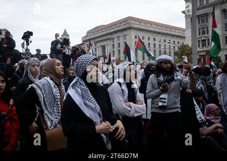 4 novembre 2023, Washington, Distretto di Columbia, Stati Uniti: I manifestanti pro-palestinesi sono avvolti nel tradizionale keffiyeh, osservando attentamente i relatori al Freedom Plaza di Washington, DC, il 4 novembre 2023. I loro volti, una miscela di determinazione e di ponderazione, riflettono la profondità del loro impegno verso la causa e la loro richiesta unificata di cambiamento in un paesaggio di bandiere e i messaggi più seri di difesa. (Immagine di credito: © Douglas Christian/ZUMA Press Wire) SOLO USO EDITORIALE! Non per USO commerciale! Foto Stock