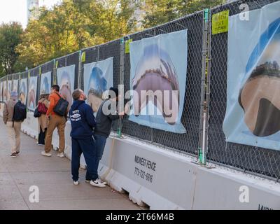 Due uomini cercano di vedere Cloud Gate, detto anche Bean, attraverso una recinzione di costruzione. Il plaza è chiuso per lavori di ristrutturazione fino alla primavera 2024. Chicago, Illinois. Foto Stock