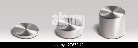 Podi metallici per prodotti cilindrici di diversa altezza. Serie di illustrazioni vettoriali 3D realistiche di supporti rotondi in metallo grigio per la visualizzazione di merci. Mockup geometrico con piattaforma a colonna per premiare il vincitore Illustrazione Vettoriale