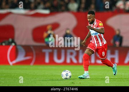 Belgrado, Serbia. 7 novembre 2023. Calcio: Champions League, fase a gironi, gruppo G, giorno 4 Red Star Belgrado - RB Lipsia allo Stadion Rajko Mitic. Il Guelor Kanga di Belgrado in ballo. Crediti: Jan Woitas/dpa/Alamy Live News Foto Stock