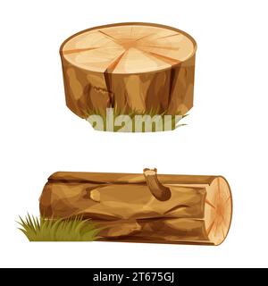 Imposta la sezione tagliata del tronco di legno della foresta e il tronco con l'erba in stile cartone animato isolato. Impianto dettagliato. Illustrazione vettoriale Illustrazione Vettoriale