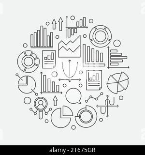 Illustrazione lineare di analisi. Segno rotondo vettoriale realizzato con icone di grafico, grafico e diagramma in stile linea sottile Illustrazione Vettoriale