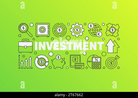 Illustrazione finanziaria brillante - banner di concetto aziendale vettoriale realizzato con INVESTIMENTO di parole e icone di contorno su sfondo verde Illustrazione Vettoriale