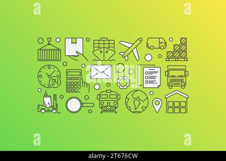 Illustrazione della logistica vettoriale - banner creativo con icone di trasporto e logistica su sfondo verde Illustrazione Vettoriale