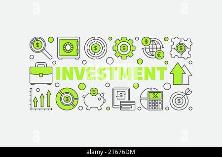 Illustrazione di investimenti e denaro - banner orizzontale di concetto vettoriale realizzato con parole verdi INVESTIMENTO e icone aziendali su sfondo bianco Illustrazione Vettoriale