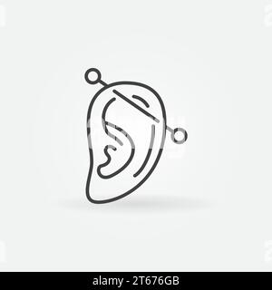 Icona del contorno che perfora l'orecchio. Orecchio umano vettoriale con semplice segno lineare perforante Illustrazione Vettoriale