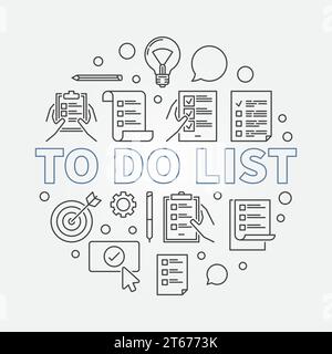 Illustrazione circolare vettoriale dell'elenco da fare con le icone elenco di controllo e elenco di attività in stile linea sottile Illustrazione Vettoriale