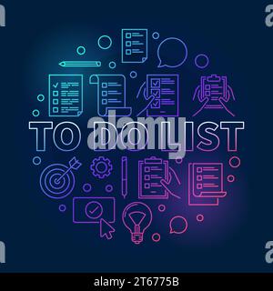 Elenco delle attività da eseguire illustrazione arrotondata vettoriale con icone elenco di controllo e elenco attività in stile linea sottile su sfondo scuro Illustrazione Vettoriale