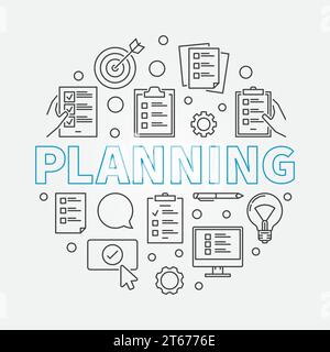 Illustrazione rotonda del concetto vettoriale di pianificazione realizzata con la lista di controllo di contorno e i segni della lista di attività Illustrazione Vettoriale