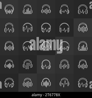 Cuffie con equalizzatore e icone o segni vettoriali di onde sonore su sfondo scuro Illustrazione Vettoriale