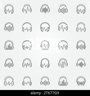 Cuffie con icone per onde sonore impostate. Cuffie Vector con simboli di concetto equalizzatore in stile sottile Illustrazione Vettoriale
