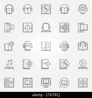 Set di icone audiobook - raccolta vettoriale di simboli di concetto di audiolibro ed e-book in stile sottile Illustrazione Vettoriale