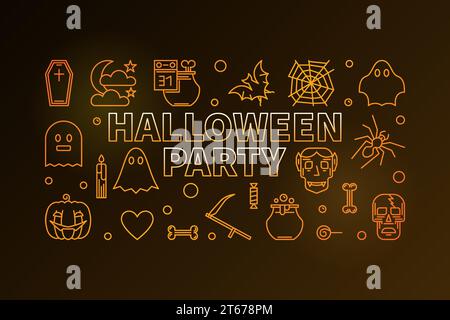 Illustrazione orizzontale colorata con linea sottile per la festa di Halloween. Banner Vector Modern Halloween 31 ottobre Holiday in stile contorno su sfondo scuro Illustrazione Vettoriale