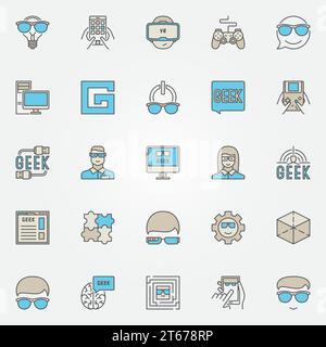 Set di icone geek colorate. Simboli di concetto o elementi di logo Vector Modern nerd Signals e Geek People per il tuo design Illustrazione Vettoriale