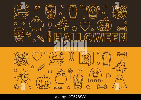 Set di 2 striscioni orizzontali creativi di Halloween realizzati con graziose icone a linee sottili. Illustrazione vettoriale Illustrazione Vettoriale