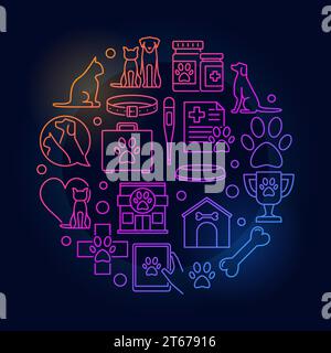 Illustrazione circolare della clinica veterinaria - simbolo lineare luminoso per la cura degli animali domestici su sfondo scuro Illustrazione Vettoriale