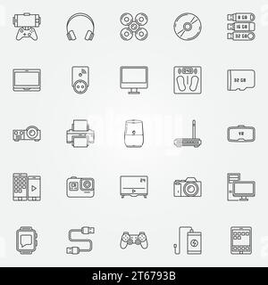 Set di icone dei gadget. Collezione vettoriale di insegne concettuali per tablet, smartphone, cuffie, stampanti e altri dispositivi in stile sottile Illustrazione Vettoriale