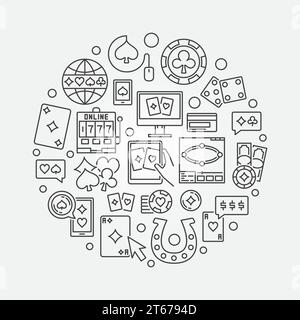Illustrazione lineare del casinò online - simbolo rotondo vettoriale realizzato con chip da poker, carte, dadi, icone per contorni di carte Illustrazione Vettoriale