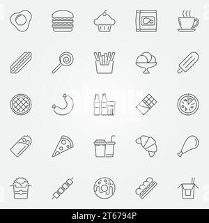 Set di icone fast food: Simboli di concetto di cibo spazzatura vettoriale o elementi di design in linea sottile Illustrazione Vettoriale