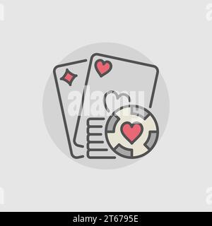 Icona delle carte da gioco e delle fiche del casinò. Elemento con logo o cartello del casinò e poker a colori vettoriali Illustrazione Vettoriale
