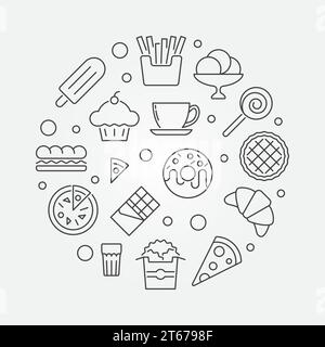 Illustrazione rotonda del fast food - simbolo circolare del concetto di cibo non sano vettoriale in stile a linee sottili Illustrazione Vettoriale
