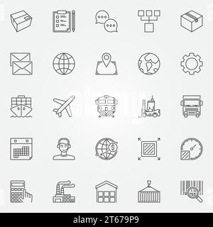 Set di icone per logistica e consegna. Cartelli di trasporto vettoriale e concept all'ingrosso in linea sottile Illustrazione Vettoriale